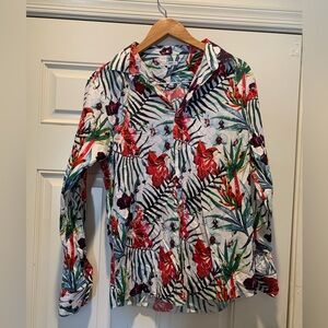 Fashion Nova Men Button Up Shirt Medium Red Floral Hawaiian Short Sleeve Collar